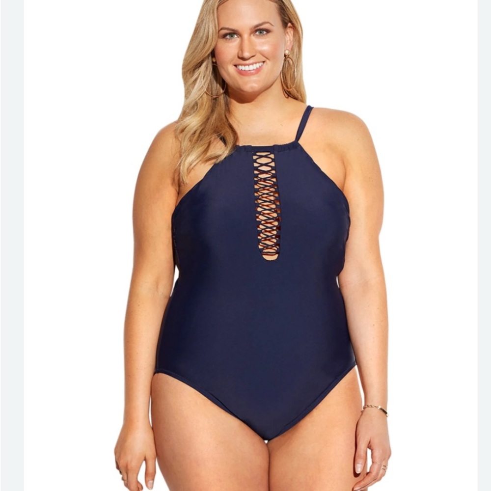 Plus Size 22  Navy Blue high neck tank Women's Swimsuit Perfect Cond